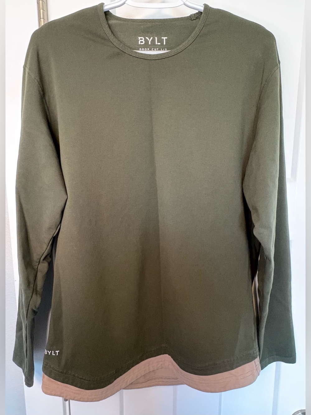 BYLT Drop Cut Dual Layer Lux Long Sleeve Shirt in Green & Tan Size Medium